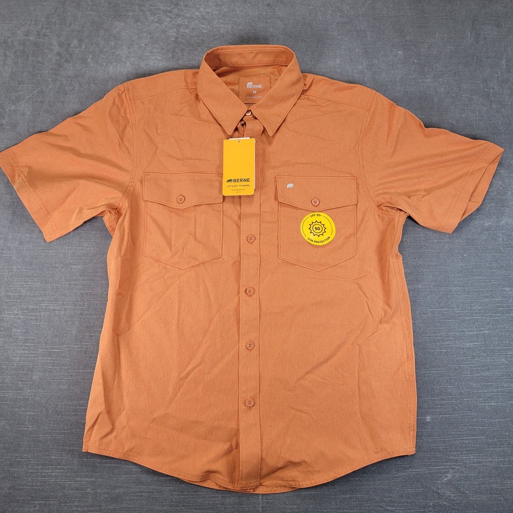 Berne Button Down Shirt Mens Size Medium Orange Short Sleeve UPF 50 Vented Back
